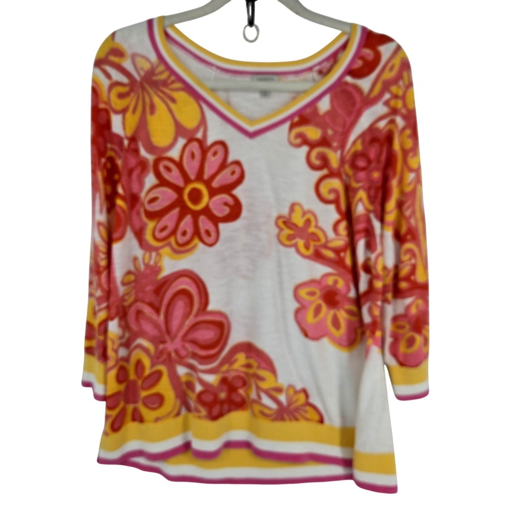 Talbots Sweater Womens Plus 3X Pink Yellow Floral V‎ Neck Pullover 3/4 Sleeve
